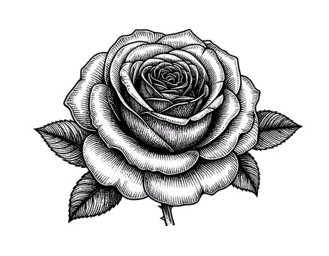 Detailed vintage engraving style blooming rose flower with leaves.