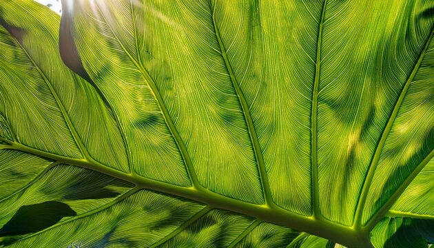 Close Up Of A Large Green Tropical Leaf Of An Elephant Ear Plant Showing Detailed Veins In Bright Sunlight