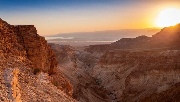 Beautiful Landscape Of Israeli Judean Desert Mountains With Sunrise Over The Dry Riverbed Of Nahal Dragot Wadi Popular Hiking Trail Winding Between Rugged Rocky Cliffs Towards The Dead Sea High