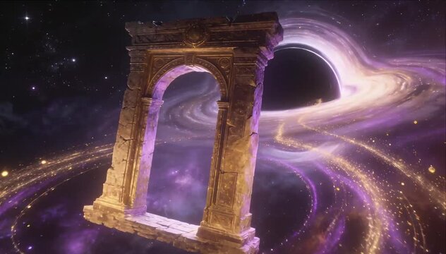 Ancient arch cosmic portal in purple nebula star field with glowing golden light, space vortex, galaxy swirl, mysterious fantasy landscape and ruined stone background