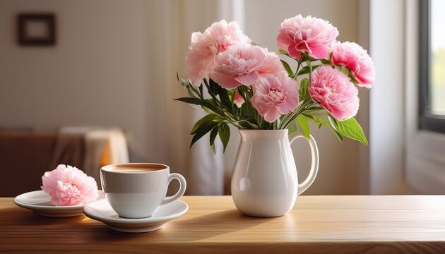 Coffee And Pink Flowers In A White Vase On Wooden Table