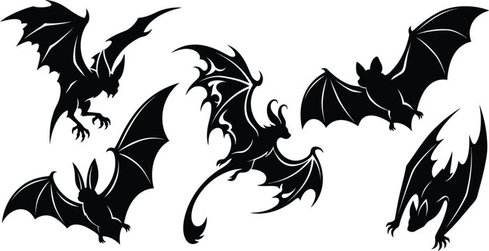 Detailed tribal bat silhouettes and gothic vampire monsters vector set