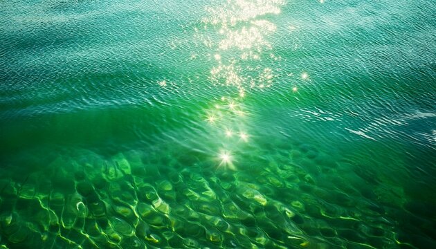 Transparent And Clean Green Water Background With Sunlight Reflection