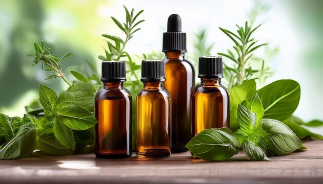 Essential Oil Bottles Surrounded By Fresh Herbs For Aromatherapy