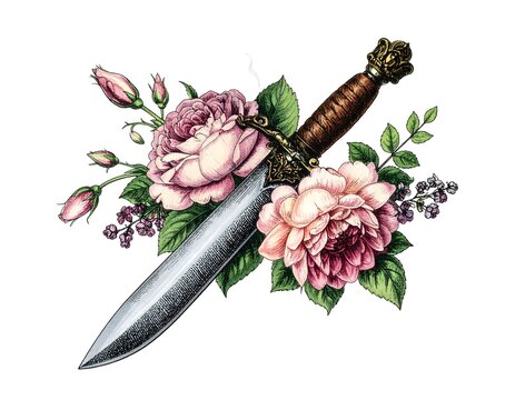 Vintage dagger with roses and leaves in engraving style on white background