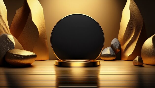 Abstract Gold Platform With Black Circle And Rocks