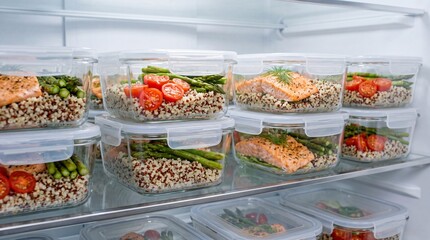 Obraz premium Meal prep containers filled with healthy salmon, quinoa, asparagus, and cherry tomato are neatly stacked in refrigerator, showcasing organized and fresh food storage
