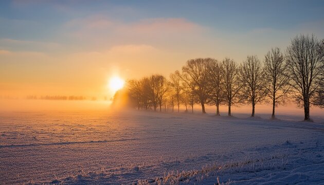 Misty Winter Sunrise Over A Frosty Field With A Row Of Snowcovered Trees Illuminated By The Golden Sun Breaking Through The Fog