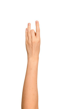 Female hand forms Akash mudra with middle finger and thumb joined. Other digits extend outward in