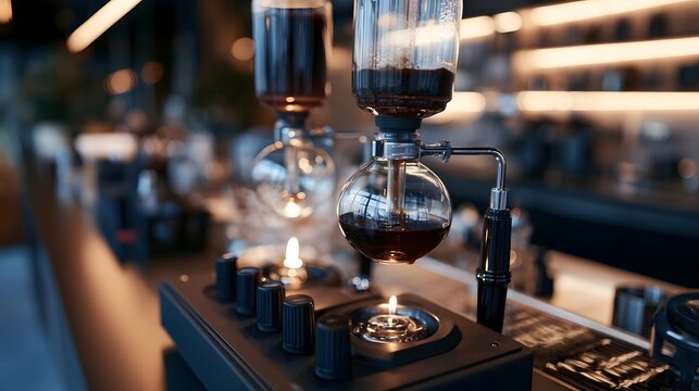A siphon coffee maker brews dark coffee over a flame on a modern bar counter with warm ambient lighting and blurred background elements