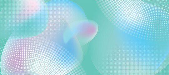 Naklejka premium Abstract mint green and blue liquid background with soft halftone dot patterns.