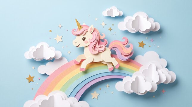 Colorful paper art of a unicorn jumping across a rainbow with clouds and stars in the background