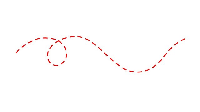 Red, dashed, line, animation, drawing, loopy, curved, path, on, Alpha channel, minimalist, motion, graphic, journey, route, indicator, process, sequence, symbol, 4k.
