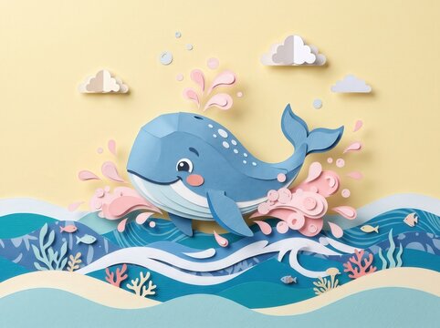 Playful Paper Whale Splashing among Colorful Waves and Cute Underwater Elements in Art Design