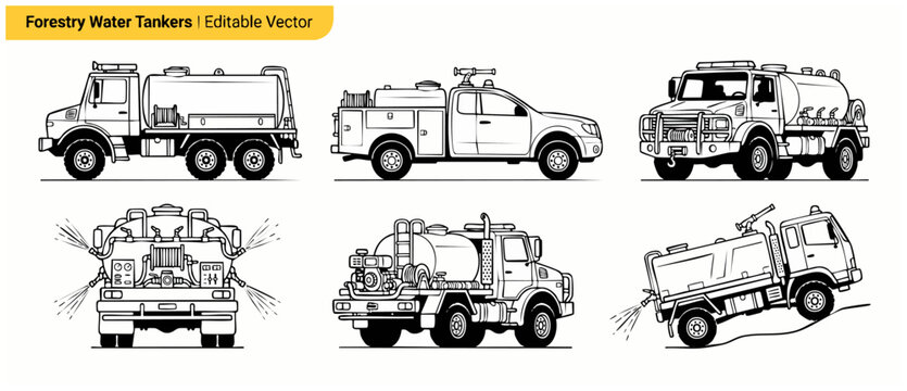 Forestry water tanker vector illustration set of wildland firefighting trucks and emergency water tender vehicles in black and white line art style for coloring book, icons, and graphic design.