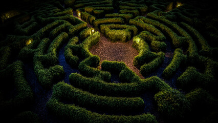 Naklejka premium an intricate hedge maze with geometric pathways marker surrounded by vibrant garden foliage, inviting exploration and discovery.