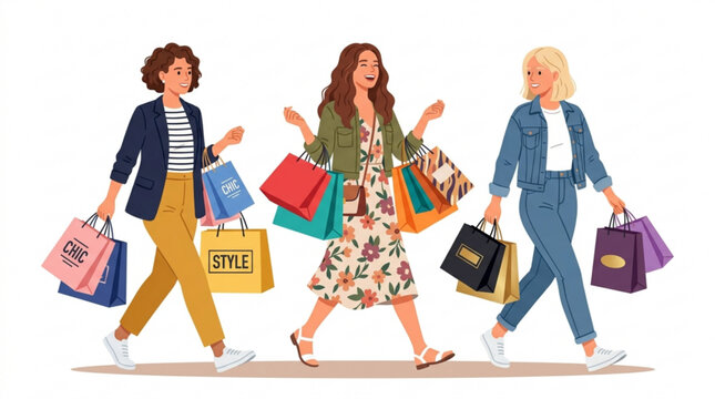 Three women walking with shopping bags with carrying multiple colorful together each carrying consumerism accessories clothing fashion leisure