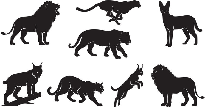 Wild Big Cats Silhouette Vector Bundle Featuring Lion Tiger Cheetah and Lynx Icons