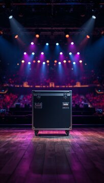 Professional flight case positioned on a concert stage under dramatic red and blue spotlights with live music equipment ready for an event production.