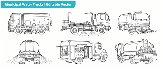 Obraz premium Municipal water truck vector set featuring street sweeper and public works utility vehicles in black and white line art outline illustration for industrial service icons and coloring book page.