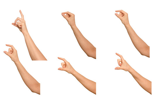Female hand pinches thumb and index finger apart delicately. Digits hold something invisible, thin,