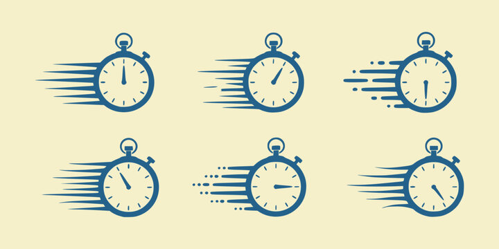 Set of six fast moving stopwatches with motion blur lines representing speed and time measurement isolated on white background