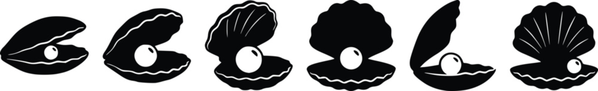 Set of black silhouette icons of open clam shells with a white pearl inside isolated on white background