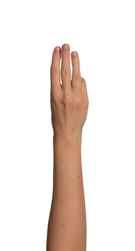 Female hand raises three fingers upward in a row. Gesture suggests counting or showing the number