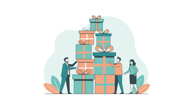 Colleagues working together to arrange a large stack of assorted gift boxes for a holiday event.