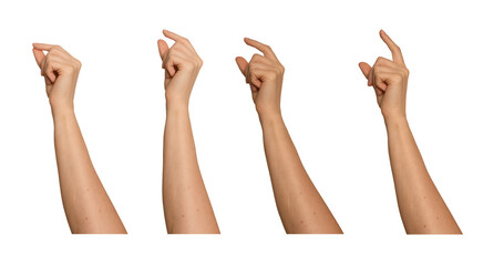 Obraz premium Female hand shows pinch gesture from pinky-side view. Thumb and index finger hold something
