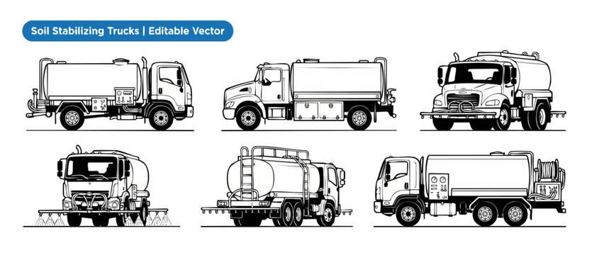 Soil stabilizing truck vector set of industrial water tank vehicles in black outline line art style for construction engineering diagrams, road stabilizer machinery, and heavy equipment clip art.