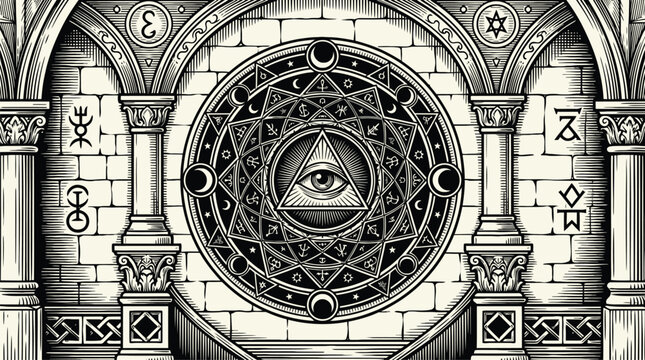 Mystical magic circle eye symbol ornate geometric vector illustration.