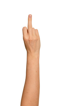 Female hand thrusts middle finger straight at camera. Gesture reads as defiant and confrontational