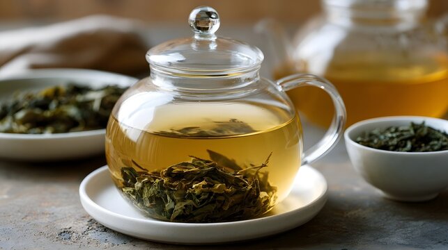 A clear glass teapot filled with golden tea and visible dried leaves sits on a white saucer beside small bowls of loose tea