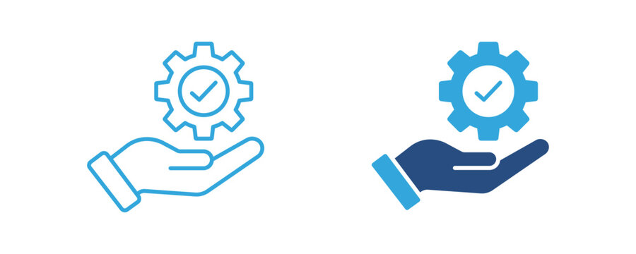 Hand holding gear with check icon, technical support, approved settings, system maintenance, vector illustration