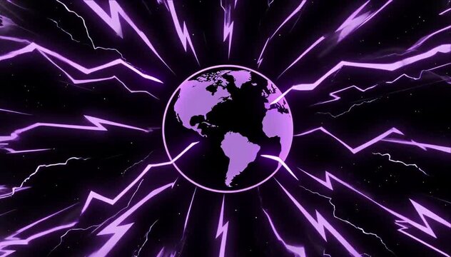 Glowing globe in black space with purple lightning burst, radial energy lines, cosmic storm, electric energy, abstract world map, and radiant burst background for SEO searches