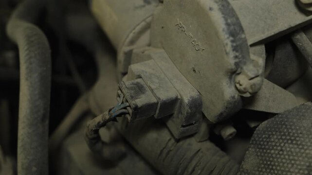 A close-up shot of a dusty electrical wiring harness connector.