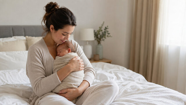 Postpartum mother resting with newborn in calm bedroom
