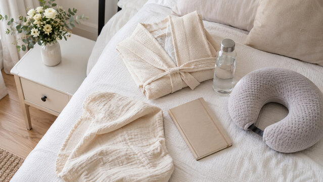 Postpartum recovery essentials arranged on bright bed