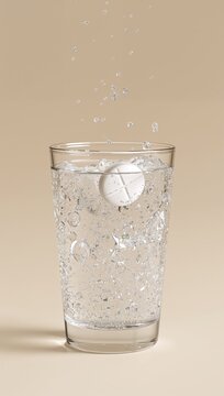 Effervescent vitamin tablet dissolving in a glass of water creating a refreshing hydration and dietary supplement concept.