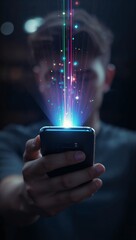 Fototapeta premium Glowing digital light streams emerging from a smartphone, symbolizing artificial intelligence, mobile technology, data transfer and futuristic communication.