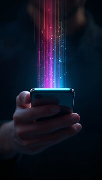 Glowing digital light streams emerging from a smartphone, symbolizing artificial intelligence, mobile technology, data transfer and futuristic communication.