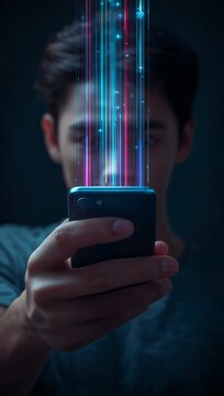 Glowing digital light streams emerging from a smartphone, symbolizing artificial intelligence, mobile technology, data transfer and futuristic communication.