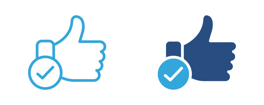 Thumbs up with check mark icon, approved feedback, customer satisfaction, verified like, vector illustration