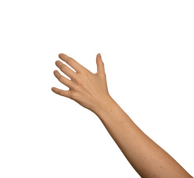 Female left hand grips something large and invisible. Fingers spread wide to hold an unseen bulky