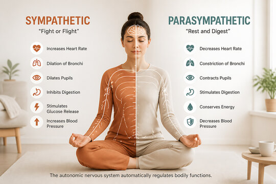 A diagram illustrates the sympathetic and parasympathetic nervous systems regulating bodily functions while a person meditates.