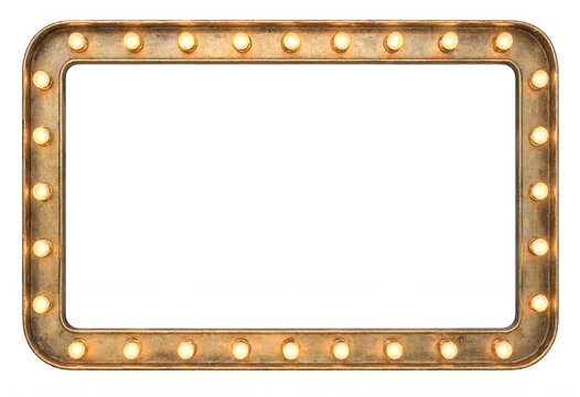 Vintage rectangular mirror frame with glowing light bulbs isolated on transparent background