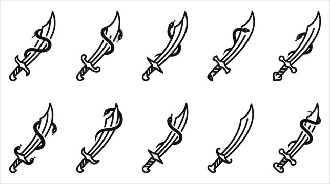 Professional asset sheet of gothic curved sword and scimitar icons collection on a white background