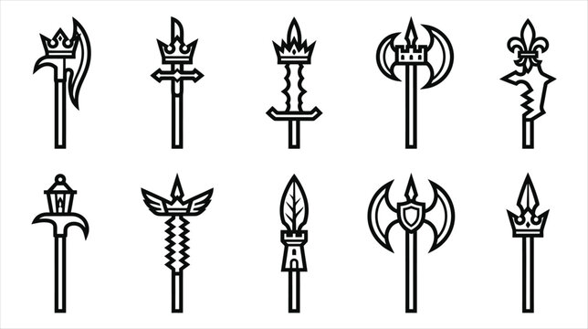 Professional asset sheet of historical fantasy polearm weapon icons collection on a white background