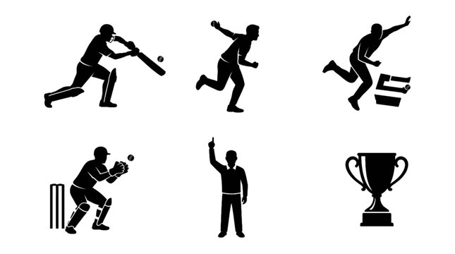 Cricket Player Black Silhouette Vector Icon Set Featuring Batsman Bowler Wicketkeeper Sports Equipment and Championship Symbols